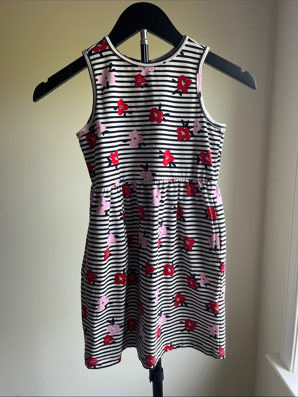 Girls' Black & White Striped Tank Dress with Pink & Red Floral Print